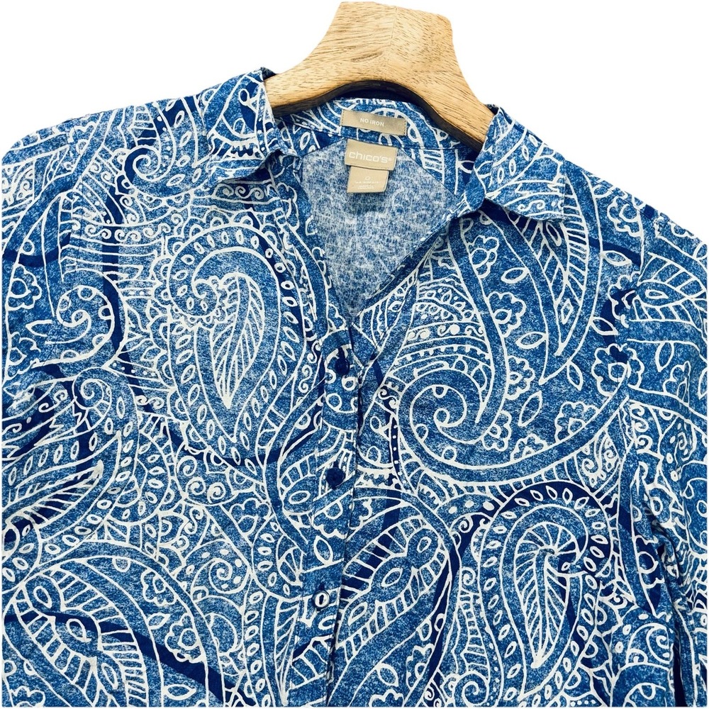 CHICO'S Linen Top Womens 0 (US-4/6) Blue Paisley Button Up 3/4 Sleeve‎ Beachy